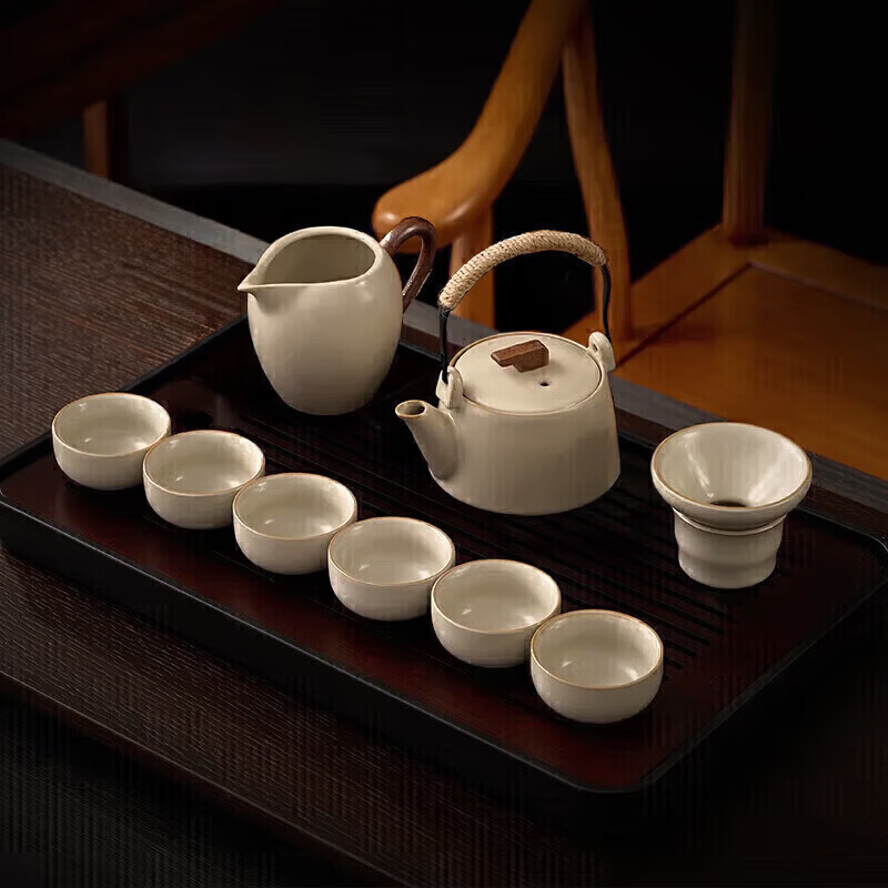 八千行茶具整套带茶盘中式功夫泡茶套装汝窑盖碗高档陶瓷茶杯办公室家用 米黄汝窑提梁壶 9头