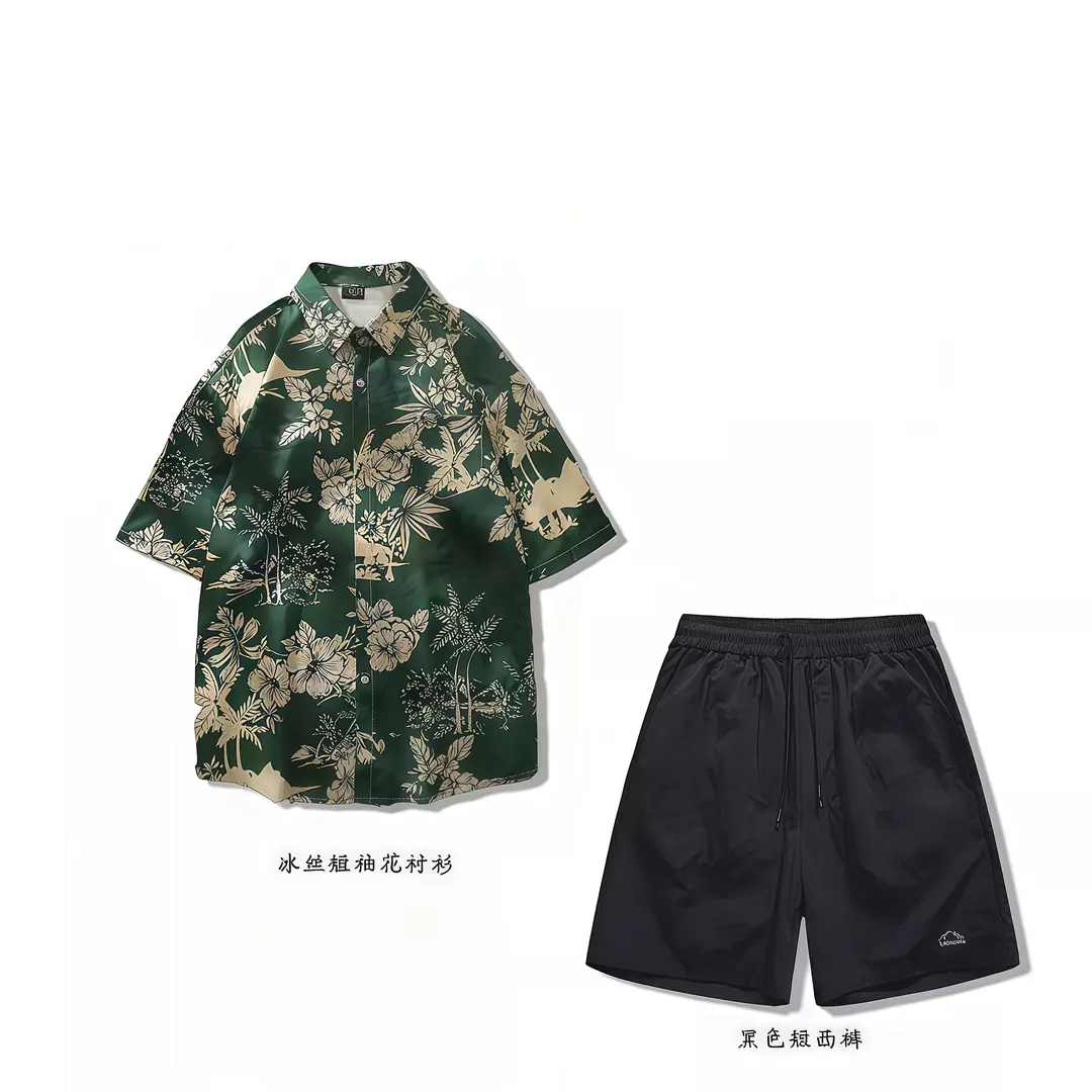 潮衫酷夏威夷风椰树冰丝花衬衫男夏季新款休闲宽松大码百搭短袖衬衣短裤 07墨绿色 M 建议85-100斤