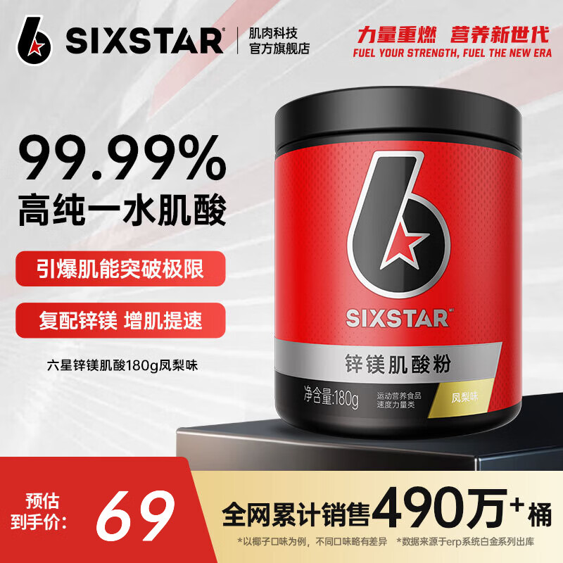 六星（SIXSTAR）锌镁一水肌酸粉健身耐力爆发力运动营养能量冲剂 【锌镁助力】凤梨味 180g*1罐