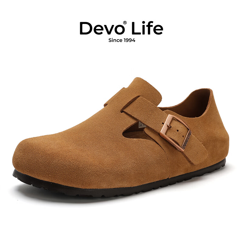 Devo的沃软木勃肯鞋男女同款单鞋绒面复古包头鞋情侣文艺休闲鞋 66008 黄棕反绒牛皮 37