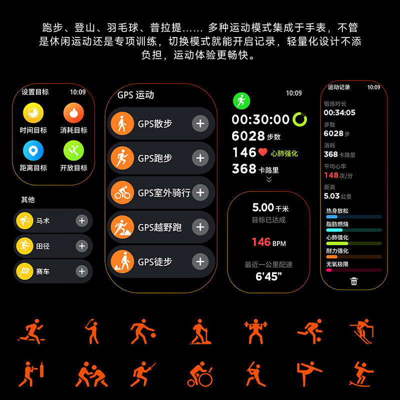 KPEP【GPS多星定位】北斗GPS定位轨迹户外跑步防水心率血氧睡眠监手表 硅胶黑