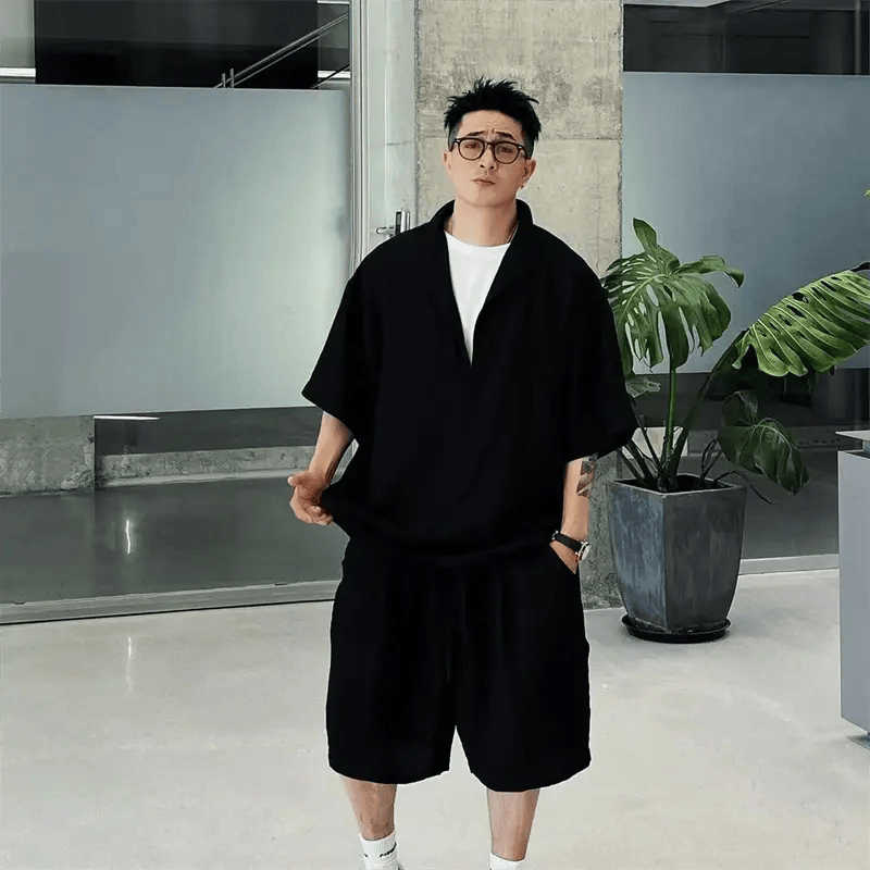潮衫酷夏季假两件老钱风套装时尚男2026高级感衬衫短裤夏装套装宽松大码 黑色套装 M 建议90-105斤