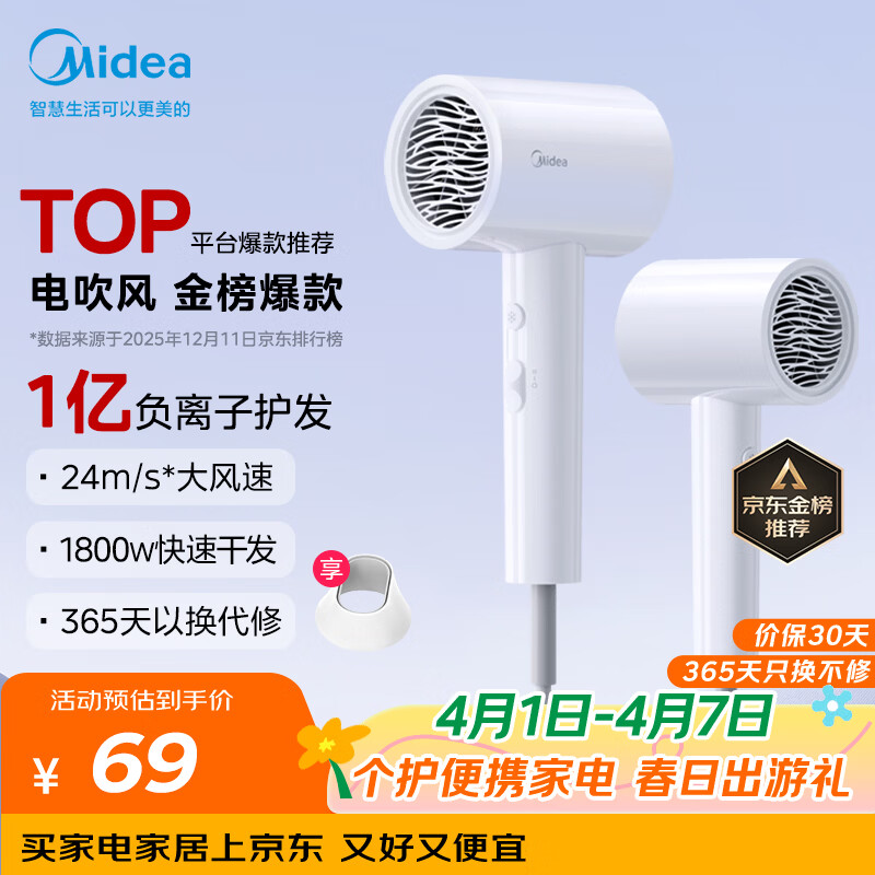 美的（Midea）1亿负离子电吹风 大功率快干不伤发吹风机 家用负离子护发吹风筒 FJ208白1800W 国家补贴 生日礼物