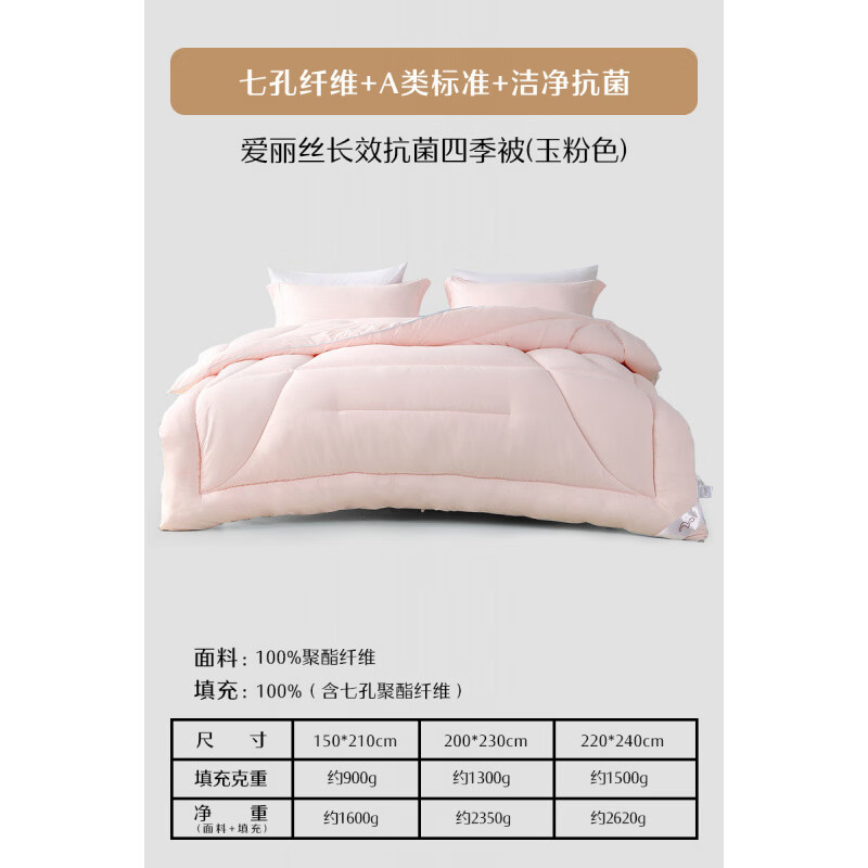 水星家纺春秋被宿舍单人保暖被子冬季被芯二合一被四季通用床品 四季被【A类++七孔纤维】爱丽丝长效(玉粉色) 150X210CM