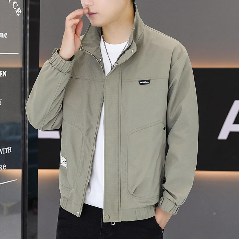 【甄选品质】春季新款宽松时尚夹克立领工装外套男士百搭上衣夹克 军绿色 XL 建议【135-150斤】