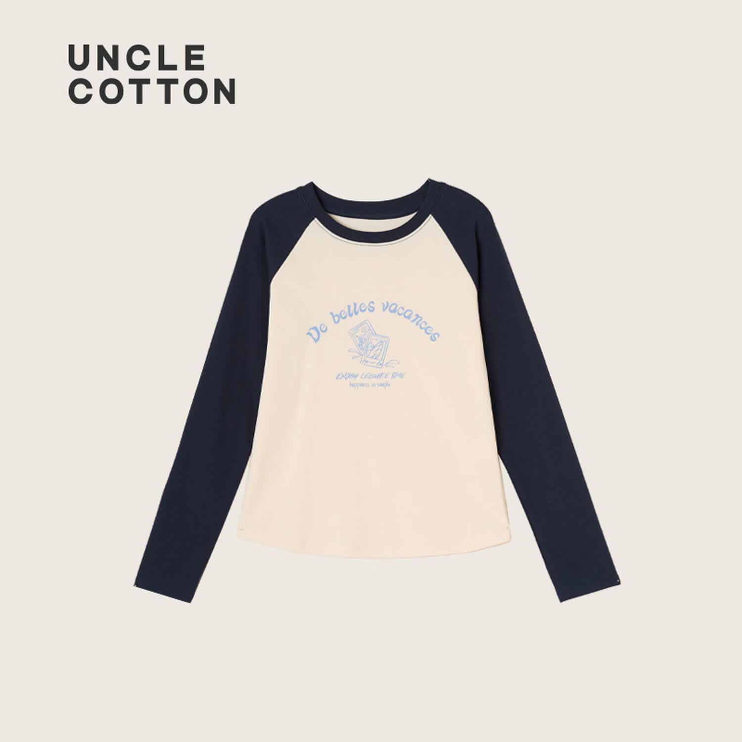 棉叔叔【2.3春季新学院风长T】女童舒适棉族撞色印花长袖T恤男童2026 米白藏青 120 120