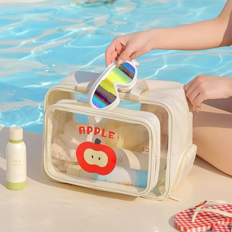 米卡博旅行出差洗漱包便携透明防水潮收纳袋干湿分离洗澡游泳健身化妆包 红色【中号单层】便携收纳舒适提手 高颜值透明收纳包