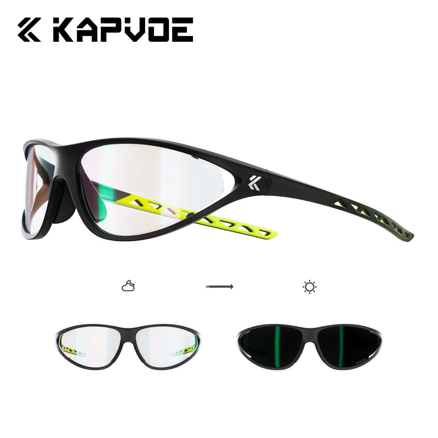 卡普沃（KAPVOE）暖阳无影变色骑行眼镜通勤休闲骑户外运动防风护目镜 幻夜黑框+无影+变色绿技术 无影变色款 日夜通用 无规格