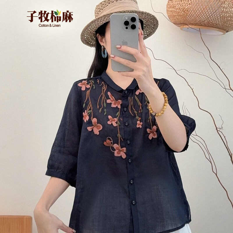 子牧棉麻2026夏装 女气质小衫上衣单排扣刺绣花朵百搭中袖衬衫衬衣0388 藏青色 M (建议85-110斤)