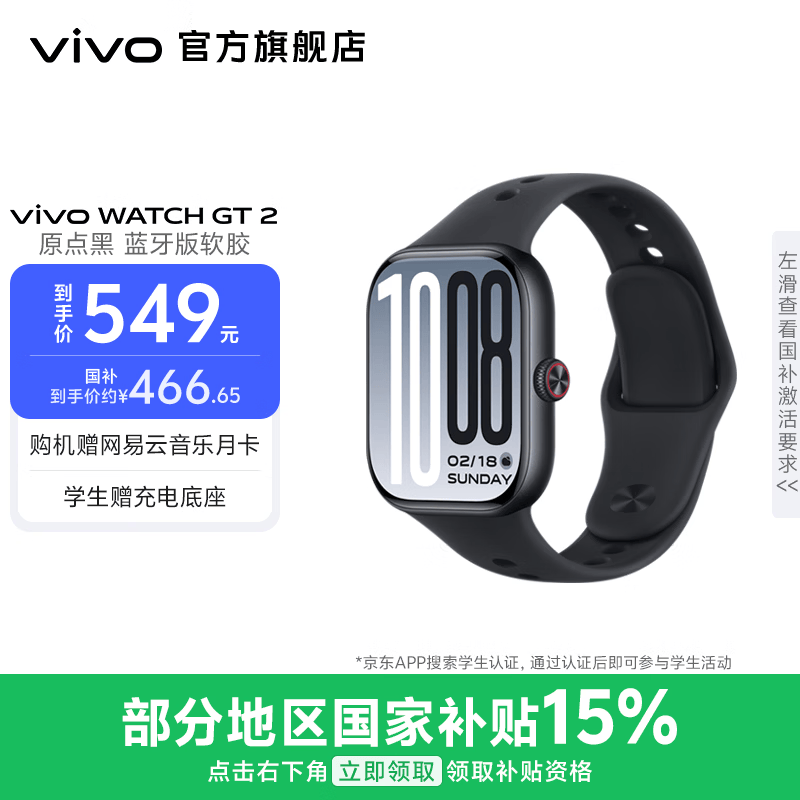 vivo WATCH GT 2 智能手表 2.07英寸超视界大屏 蓝色操作系统3.0 专业运动监测 专业健康监测  【原点黑】蓝牙版