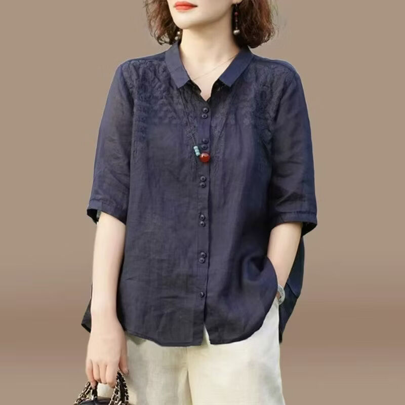 啄木鸟（TUCANO）女士棉麻衬衫2026夏季薄款中年妈M妈半袖高端冰丝亚麻苎麻上衣 藏青色 M (建议90-110斤 京东折扣/优惠券