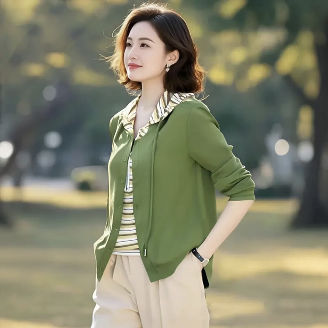 春季大码时尚条纹连帽假两件拼接长袖卫衣百搭气质宽松显瘦外套JL 绿色 2XL 120-130斤