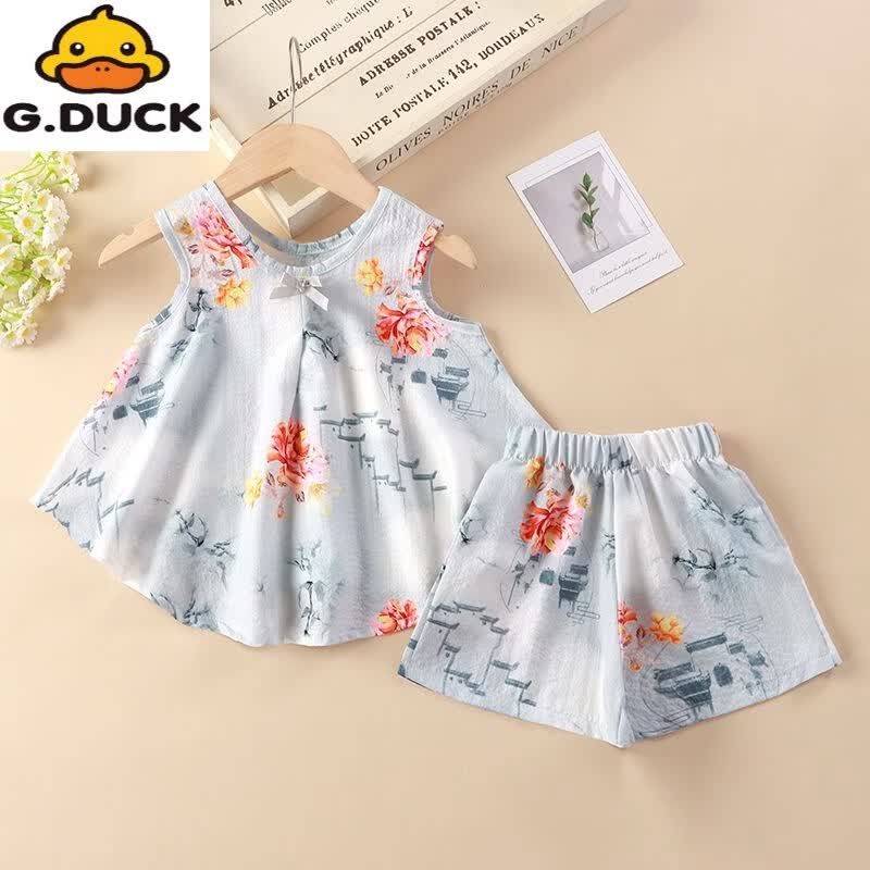 G.duck女童国风夏装吊带儿童汉服套装2026新款服饰女宝宝夏款外穿两件套 国风套装-白色白裤子 110