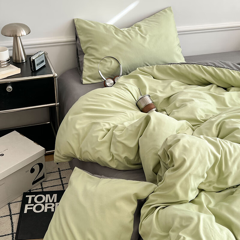 雅鹿ins简约水洗棉被套床单被罩学生宿舍三件套150x200双人纯色四件套 绿浅灰【10A抗菌 可裸睡】 2.0床单四件套 床单款 (被套200*230cm)