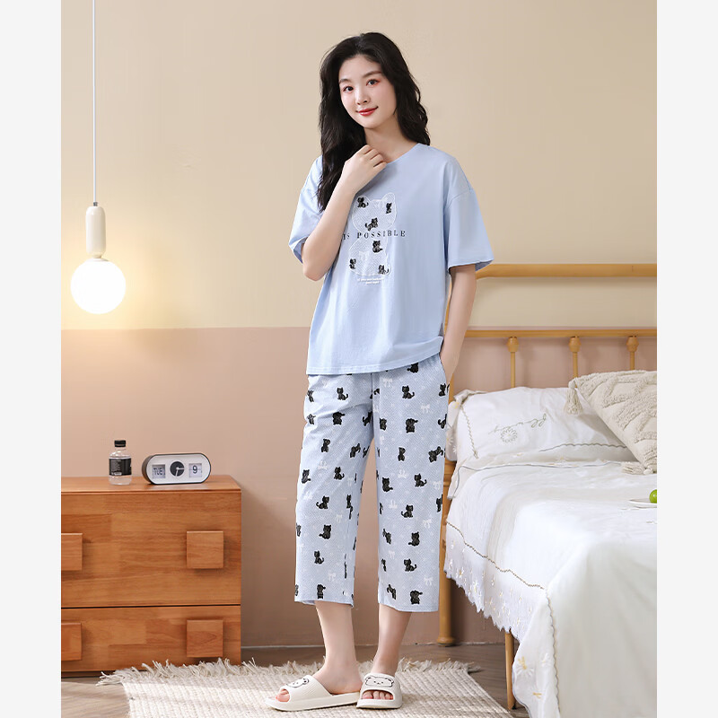芬腾睡衣女士纯棉夏季薄款短袖七分裤休闲夏天清新熊猫家居服套装 FX26921593冰兰 XL 建议125-145斤