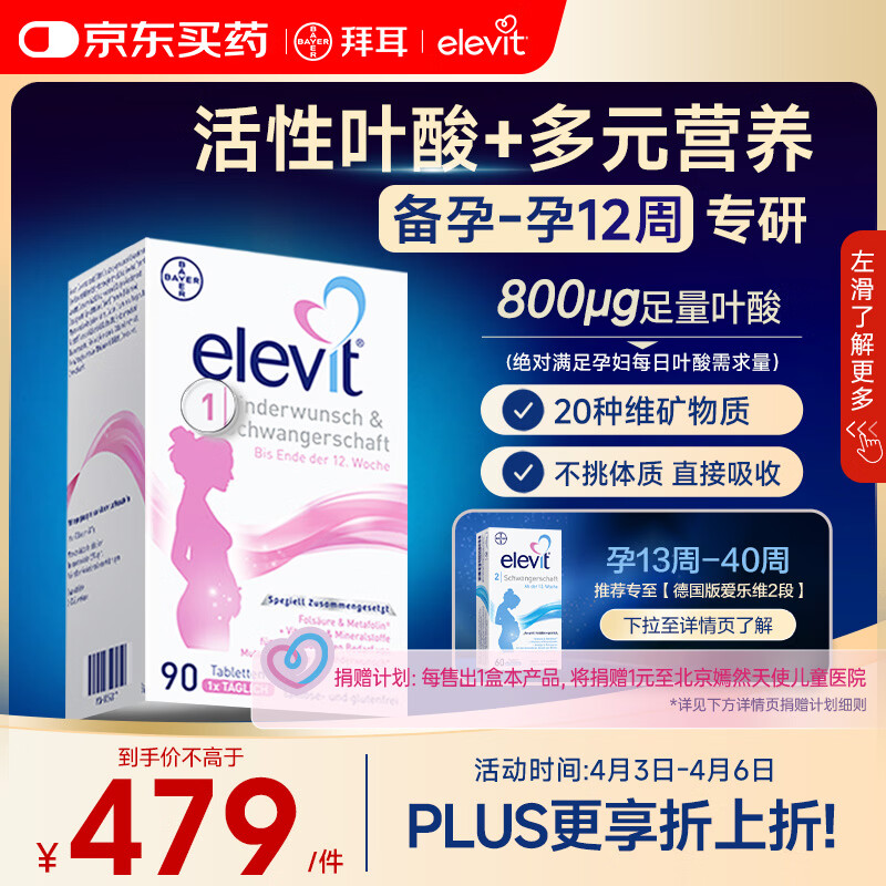 Elevit爱乐维活性叶酸1段 复合活性叶酸90片德国版孕妇备孕女士孕早期