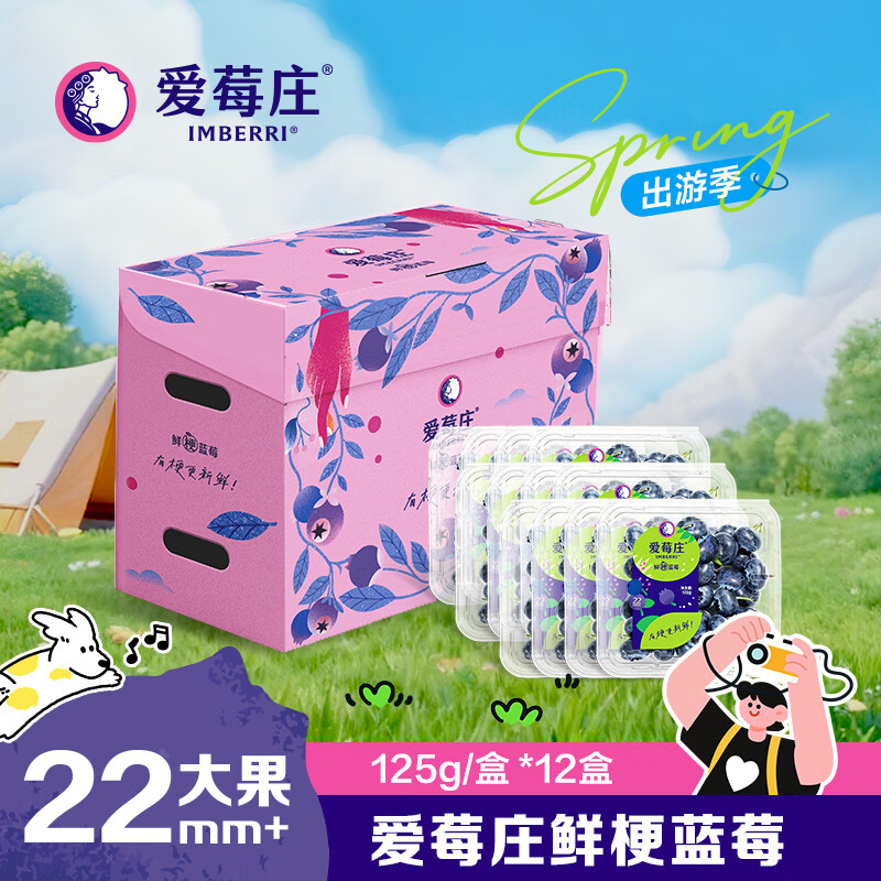 京鲜生 爱莓庄云南鲜梗蓝莓 脆甜特大果22mm+12盒装 约125g/盒 源头直发