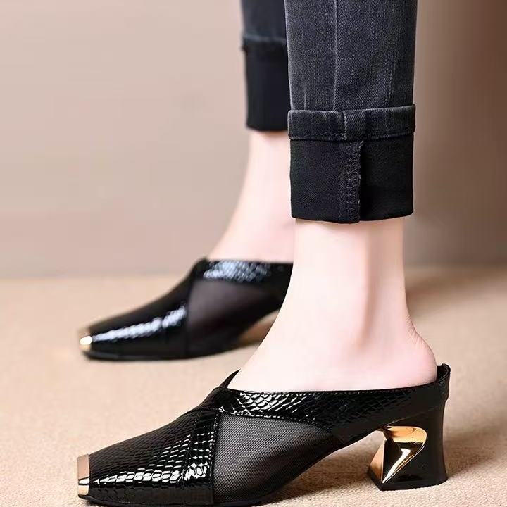 2026新款包头半拖鞋女夏季新款时尚粗跟舒适百搭高跟凉拖Z-105 黑色 36