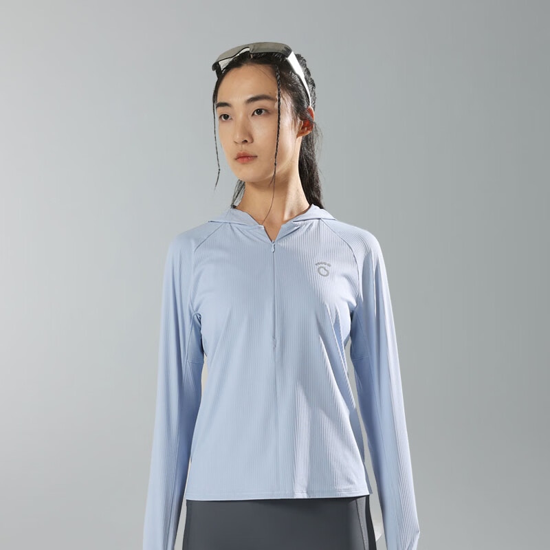 马孔多（macondo）女子连帽针织拉链防晒T 原纱凉感运动跑步长袖T恤  冰蓝色 2XL 【140-150斤】