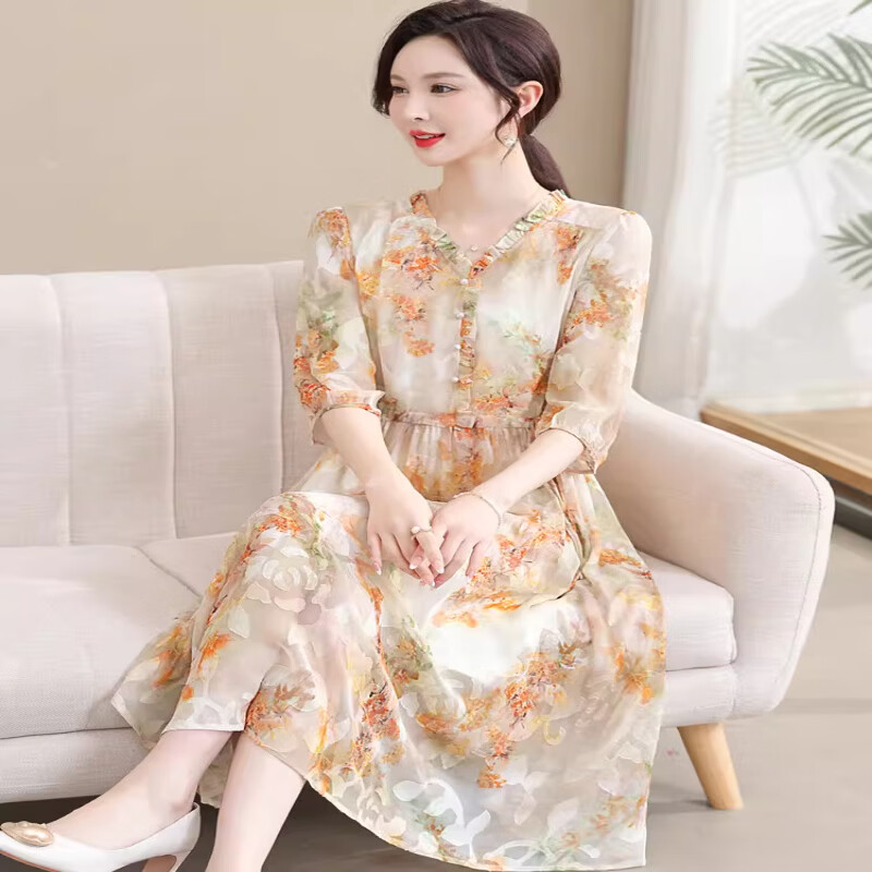 ROMON夏装碎花裙子高端中长款洋气中老年女装收腰显廋连衣裙女装连衣裙 粉色 XL 【建议95-115斤】