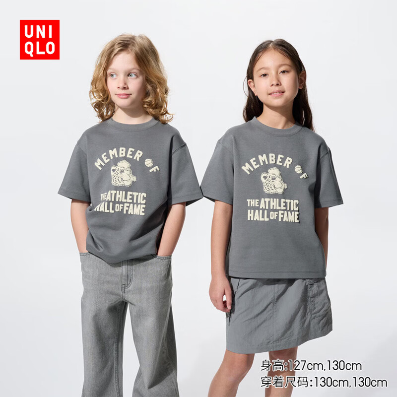 优衣库童装男童女童AIRism棉混纺印花圆领T恤/短袖483421 07 青灰色 160