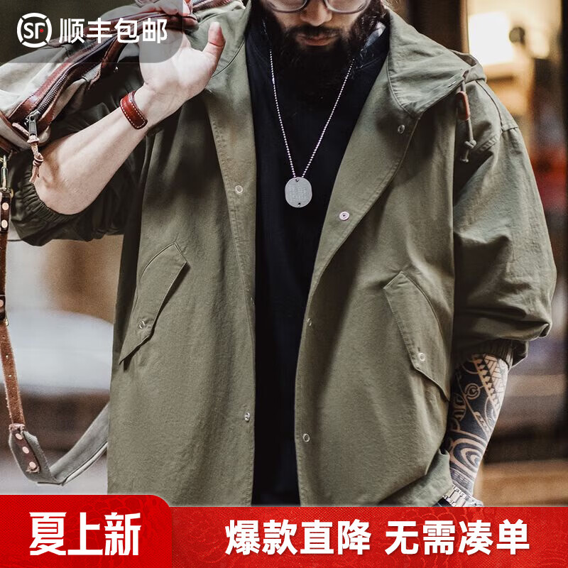 马登工装 美式复古M51连帽夹克男春季军事风宽松纯棉鱼尾上衣外套 军绿色 （宽松偏大） S