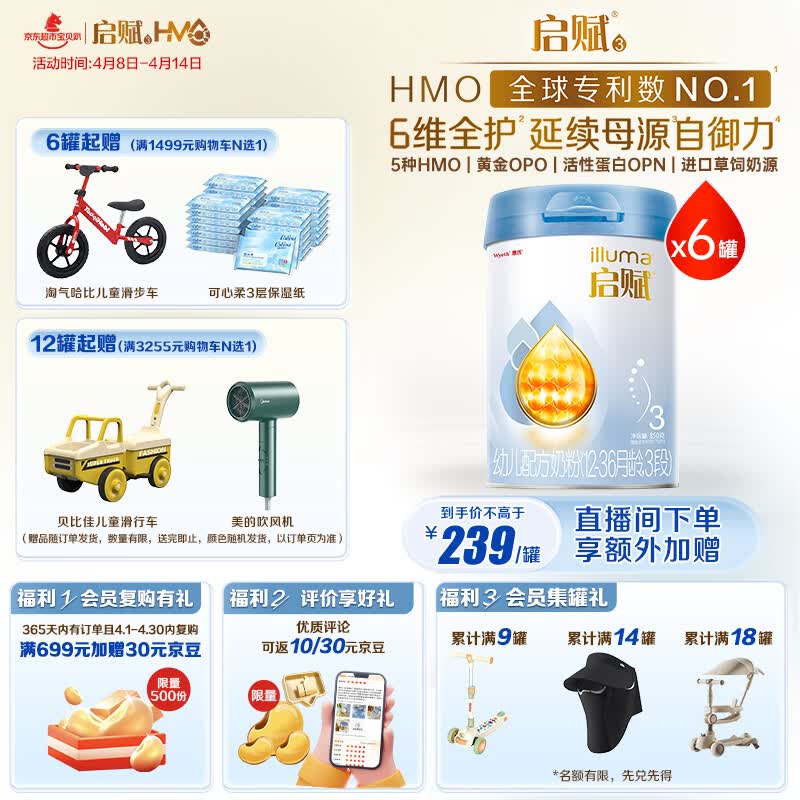 惠氏（Wyeth）启赋蓝钻【加量装】HMO幼儿配方奶粉3段(12-36月)850g*6罐 OPO