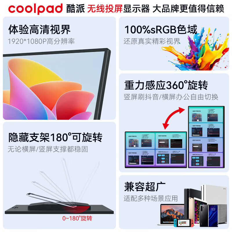 酷派（Coolpad）无线投屏便携式显示器【无需联网、一键投屏】笔记本电脑副屏外接屏wifi投屏0延迟扩展高清大屏幕 【18.5英寸】无线投屏/1080P/灵隐支架