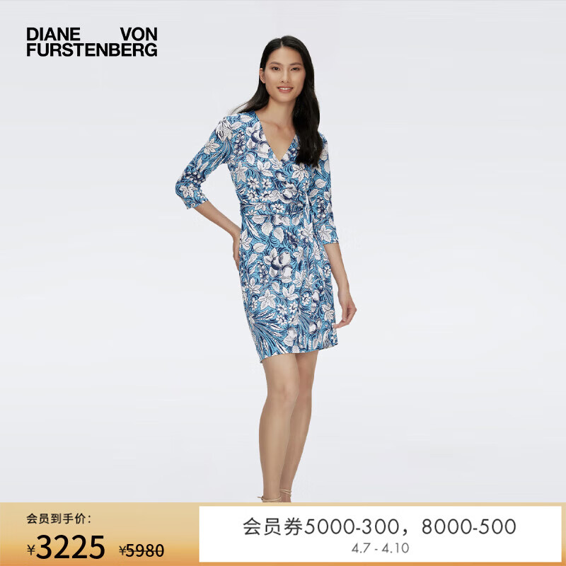 Diane von Furstenberg[100%真丝]DVF度假V领七分袖印花裹身连衣裙DW1S019 梦幻蓝天堂鸟图案 M