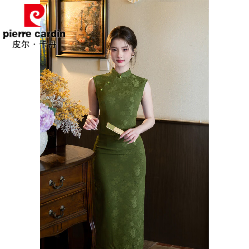皮尔卡丹(pierre cardin)2026春夏新款旗袍提花无袖长款酒红色敬酒服订婚回门礼服显瘦旗袍 933蓝色 M