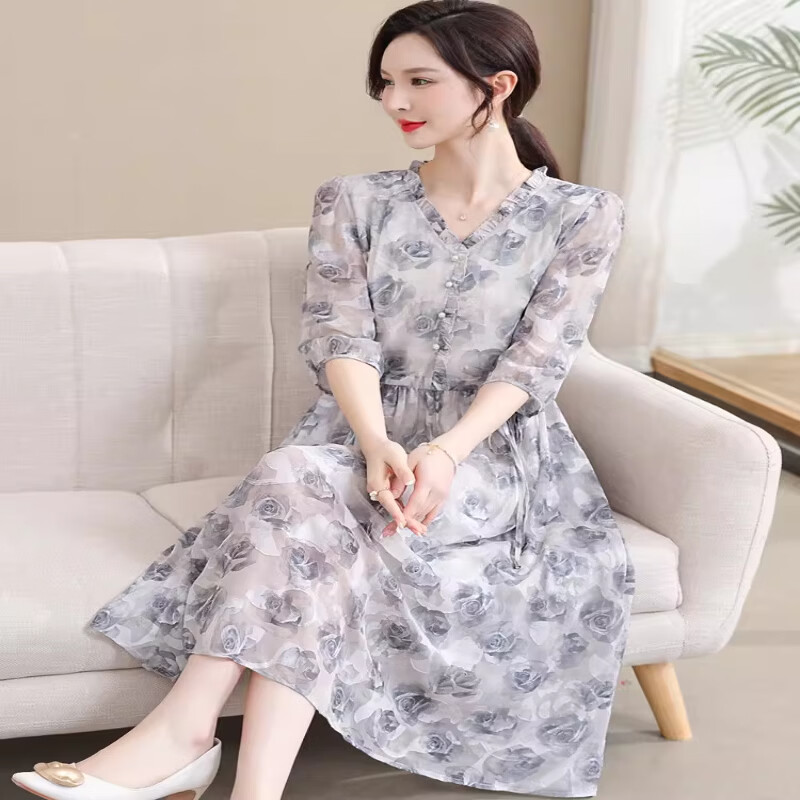 ROMON夏装碎花裙子高端中长款洋气中老年女装收腰显廋连衣裙女装连衣裙 粉色 XL 【建议95-115斤】