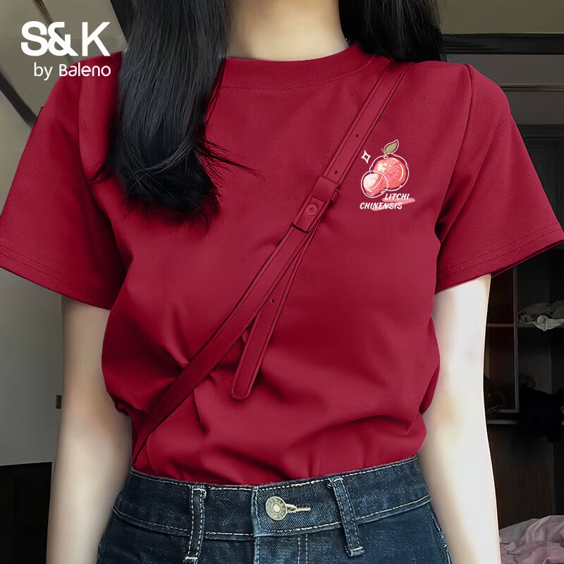班尼路（Baleno）S&amp;K100%纯棉短袖T恤女2026年夏季女装新款时尚休闲简约甜美上衣 车厘子红#水彩荔枝k M