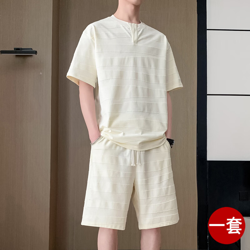 JPUZ男士夏季套装冰丝薄款2026新款潮流休闲运动短袖t恤男短裤两件套 卡其色 M 适合90-105斤