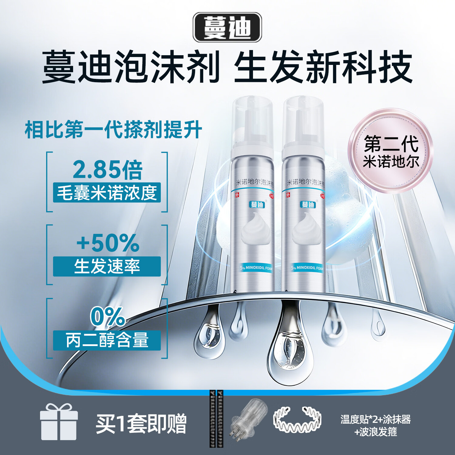 [蔓迪]米诺地尔泡沫剂 60g*2瓶 1盒装 (专利高渗透快生发 0丙二醇低敏少痘) 5%浓度60g 防脱育发增发液 8周-极速生发装