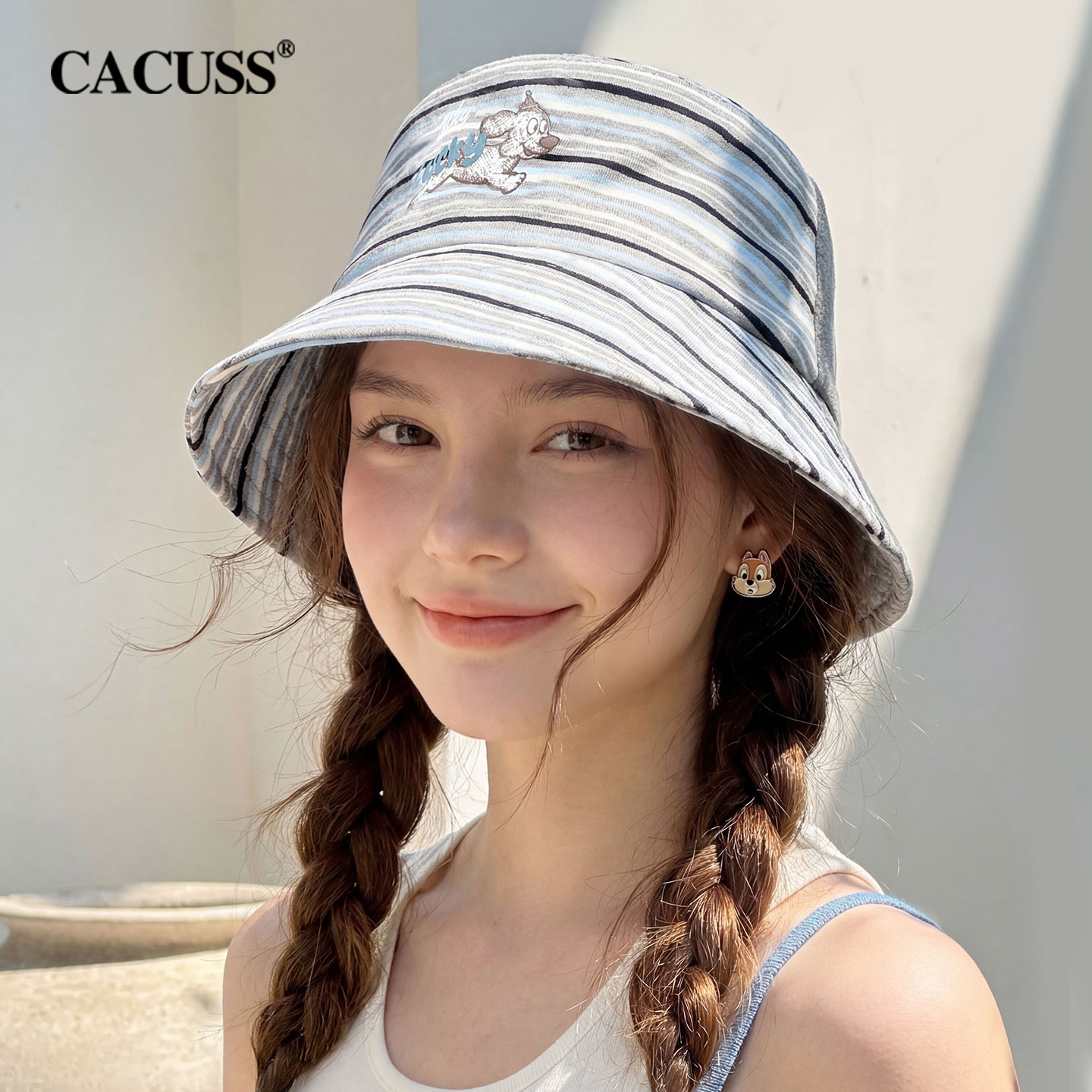 CACUSS渔夫帽女春夏撞色减龄显脸小遮阳帽时尚休闲盆帽拼接设计 炫彩蓝