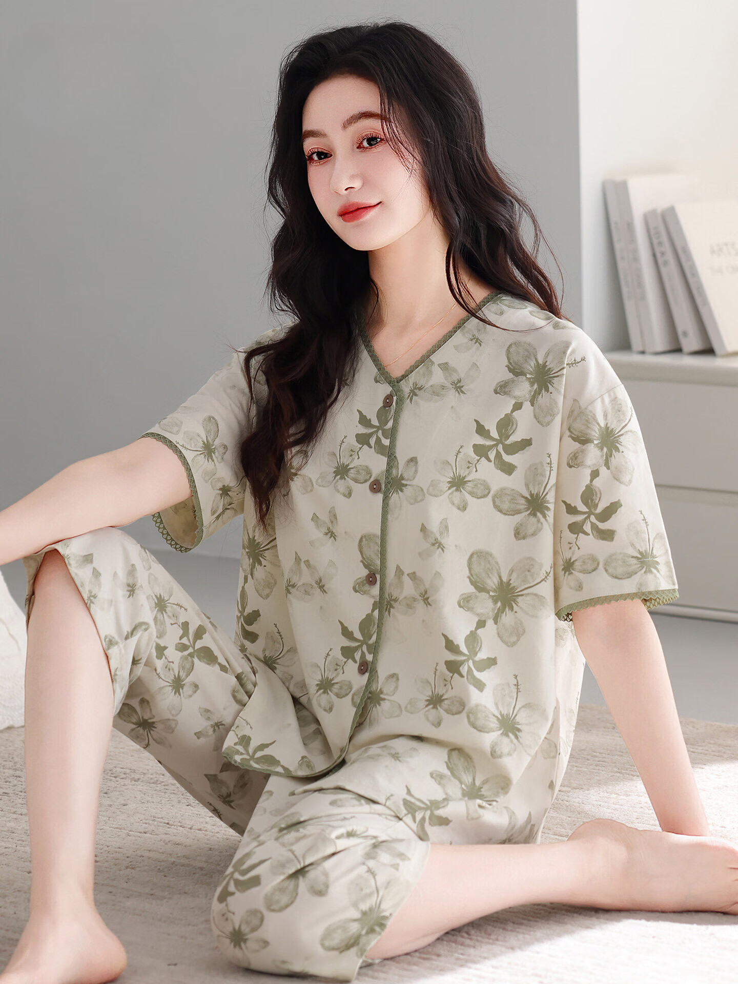 莫代尔睡衣女高档夏季带胸垫2026新款高颜值v领短袖开衫薄款家居服套装 48M6229麦茶绿 L 适合100-120斤穿着 现货,当日发