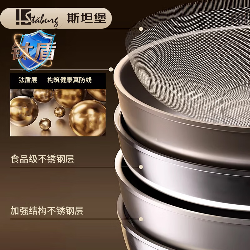 STABURG炒锅不粘锅平底锅家用炒菜锅不锈钢锅无涂层不粘煎锅纯钛盾电磁炉 国标食品级不锈钢/国标一级耐磨/国标级不粘性能 32cm