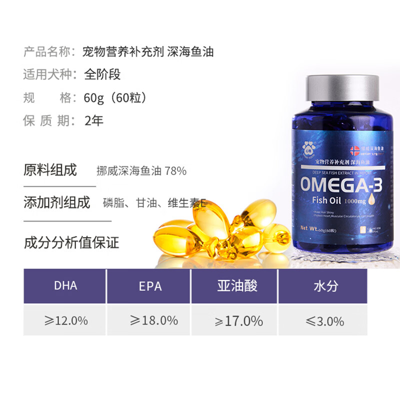 心粮深海美毛鱼油omega3美毛护肤专用软胶囊营养补充宠物猫狗通用60粒 【猫狗通用】挪威深海鱼油 60g*1瓶