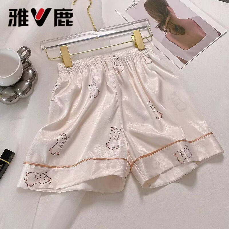 雅鹿三件套夏天冰丝睡衣女短袖短裤加肥加大码胖mm甜美绸缎家居服套装 三件套-白色兔子 XL 建议110-125斤