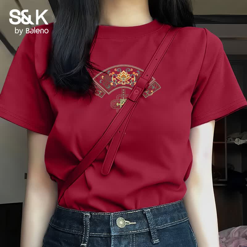 班尼路（Baleno）S&amp;K100%纯棉短袖T恤女2026年夏季女装新款简约时尚百搭国风上衣 车厘子红#传统一纹样 XL