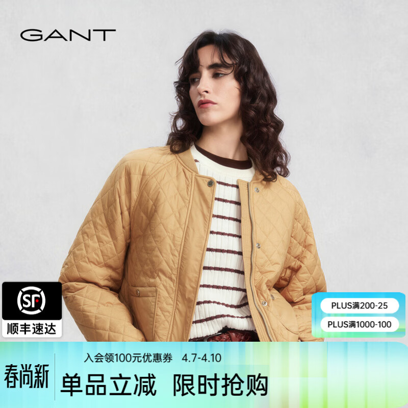 GANT/甘特2024冬季新款女士宽松简约纯色菱格休闲棒球领棉服外套 296-卡其色 2XL