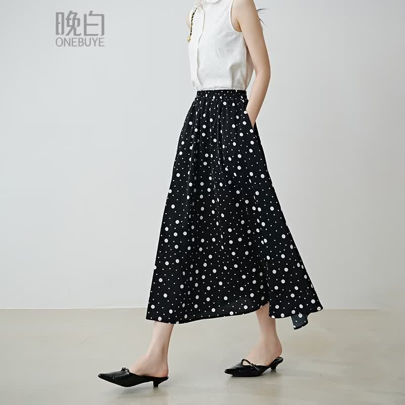 晚白2026年春款复古港风松紧腰带口袋波点半裙垂顺减龄遮胯大摆半身裙 黑色 L