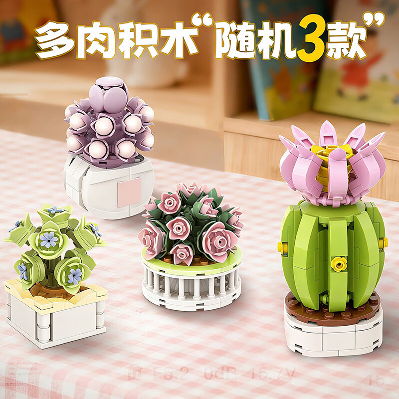 哲高积木多肉盆栽花卉可爱桌面拼装摆件送女生闺蜜伴手礼礼物 多肉积木随机3款（不可选款）