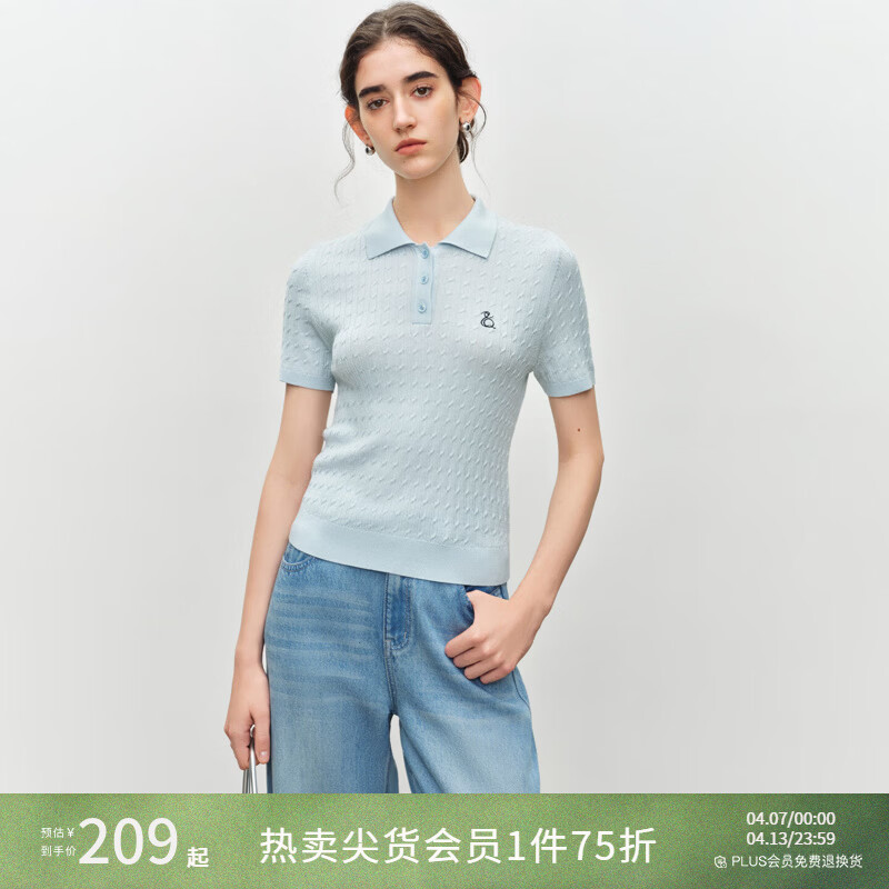 自巧小个子蓝色学院风短袖绞花polo衫女2026夏新款修身针织衫上衣 冰融蓝 XS （尺码：2）