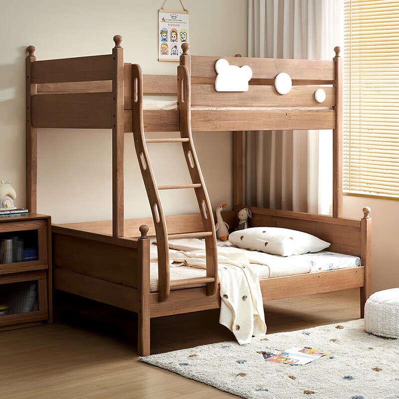 全友家居儿童上下铺全实木双层高低床带护栏男孩女孩小户型收纳储物床 橡胶木|上下床 1.2x1.9米