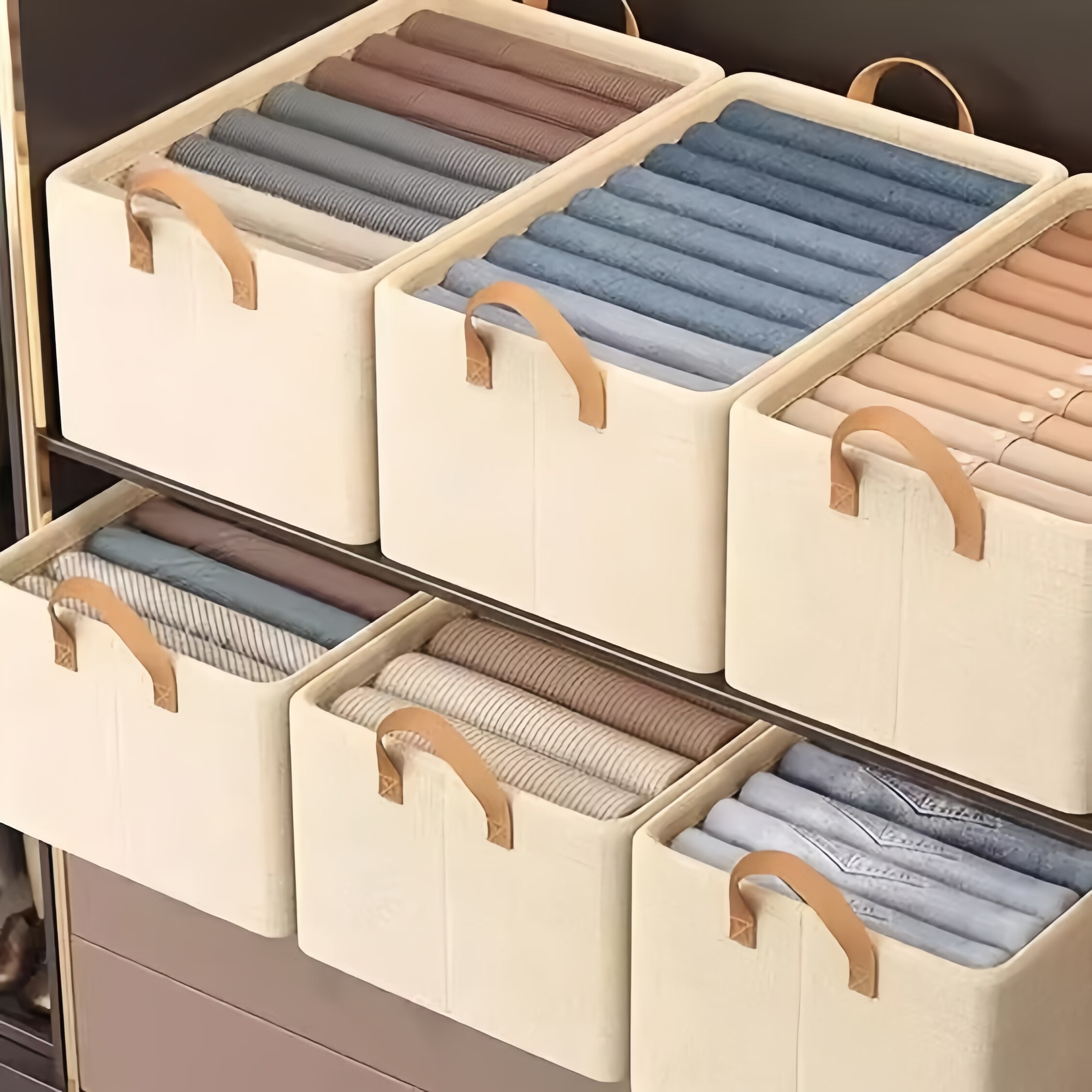 米卡博收纳箱家用整理盒衣柜收纳分层神器可折叠放衣服裤子布艺收纳筐 燕麦米-特大号【50*30*26】 无规格