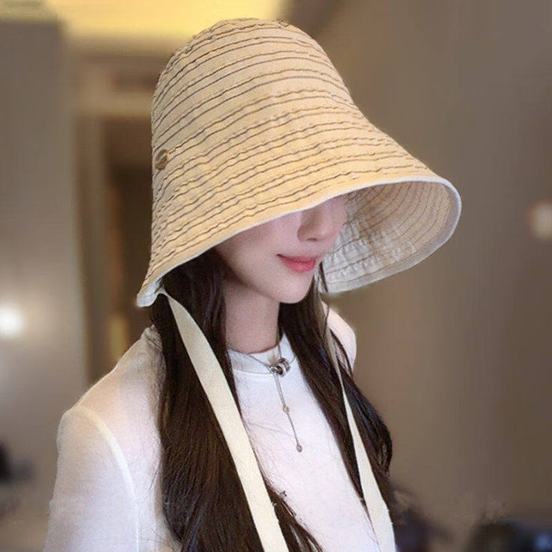 【轻奢品质】防晒遮阳帽女夏条纹渔夫帽户外显脸小太阳帽时尚z 奶油米【条纹系带款】