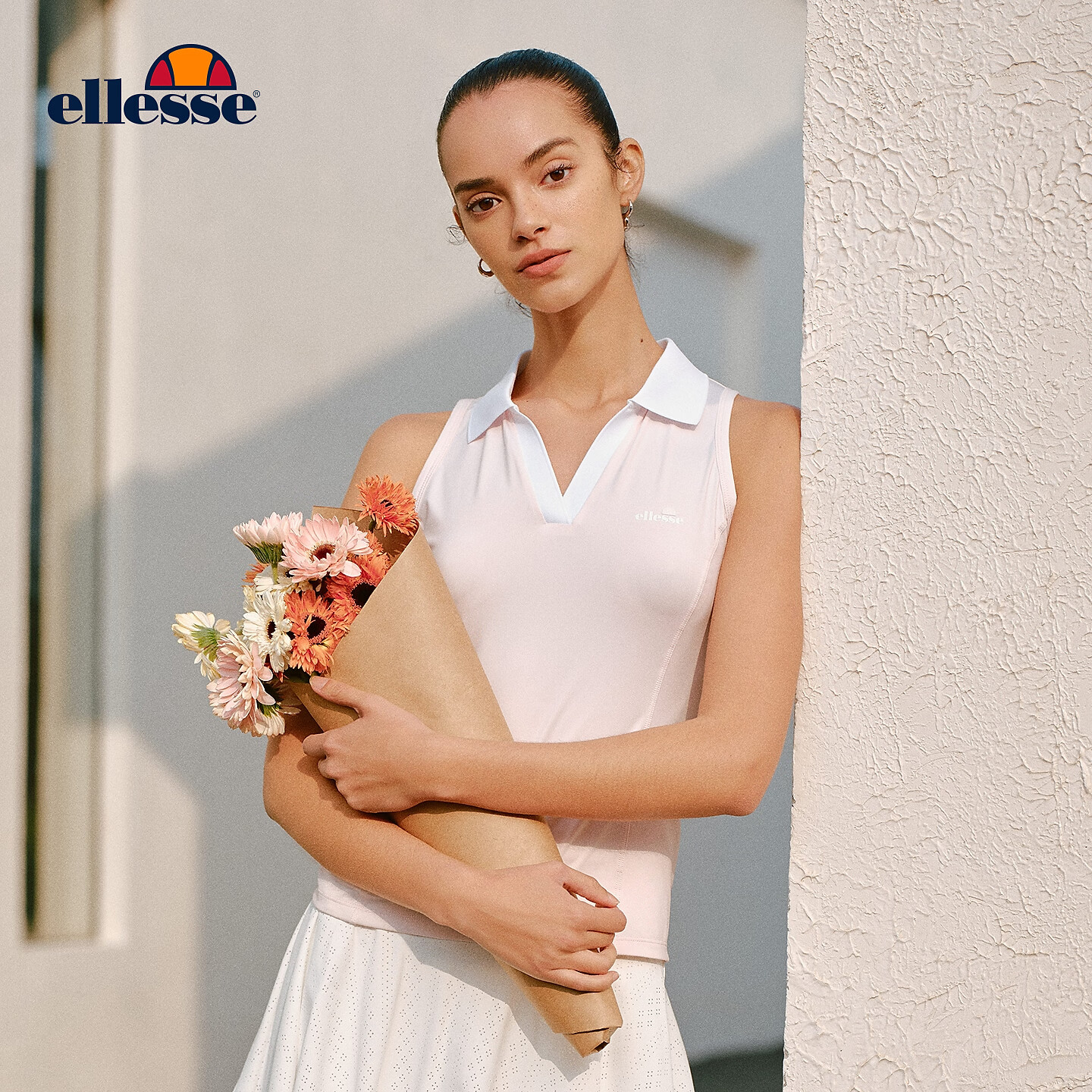 ellesse小贝壳26春新品网球服意式V领运动修身显瘦无袖polo背心女 水晶粉 M