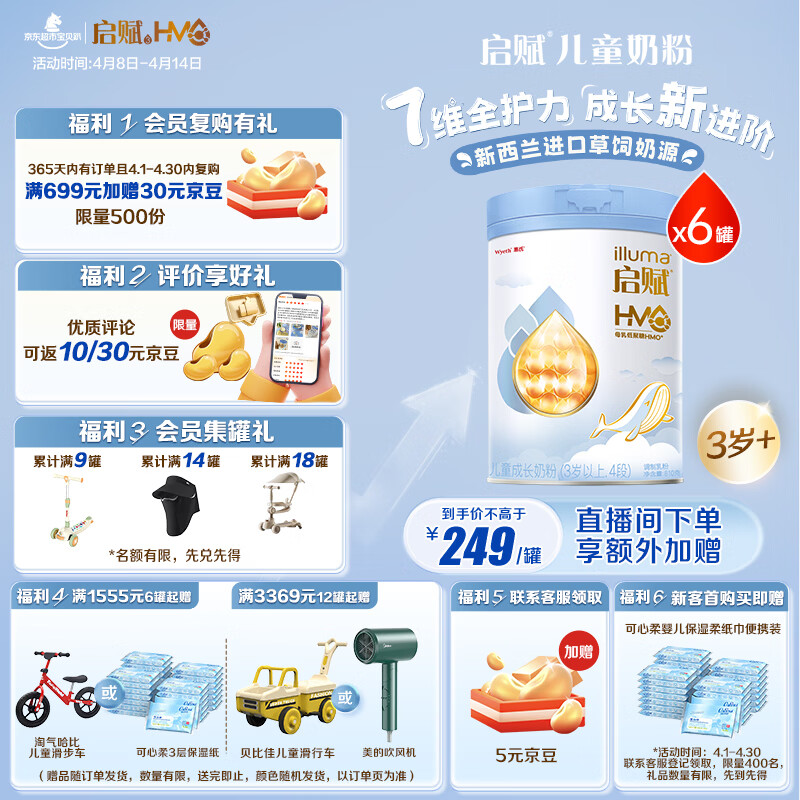 惠氏（Wyeth）【全新7维进阶】启赋蓝钻4段 HMO儿童成长奶粉810g*6罐