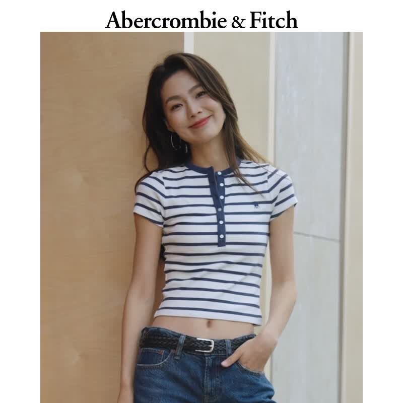 Abercrombie &amp; Fitch经典小麋鹿图案修身条纹亨利领打底短袖T恤26春夏女装139-6161 海军蓝条纹 M (165/96A)